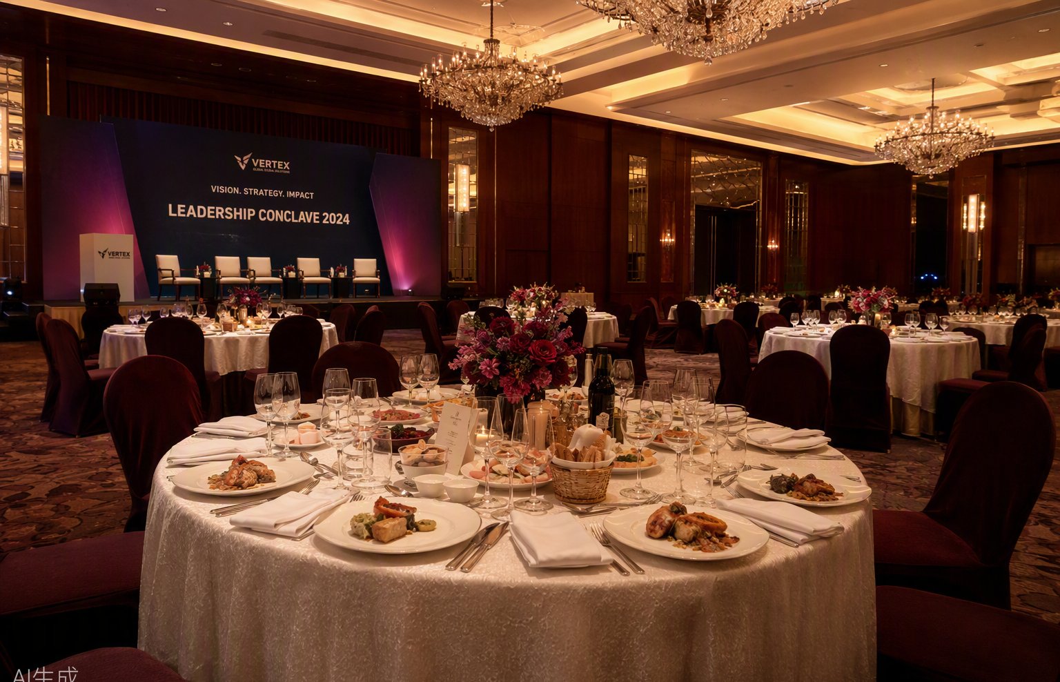 Elegant banquet setup with plated gourmet food